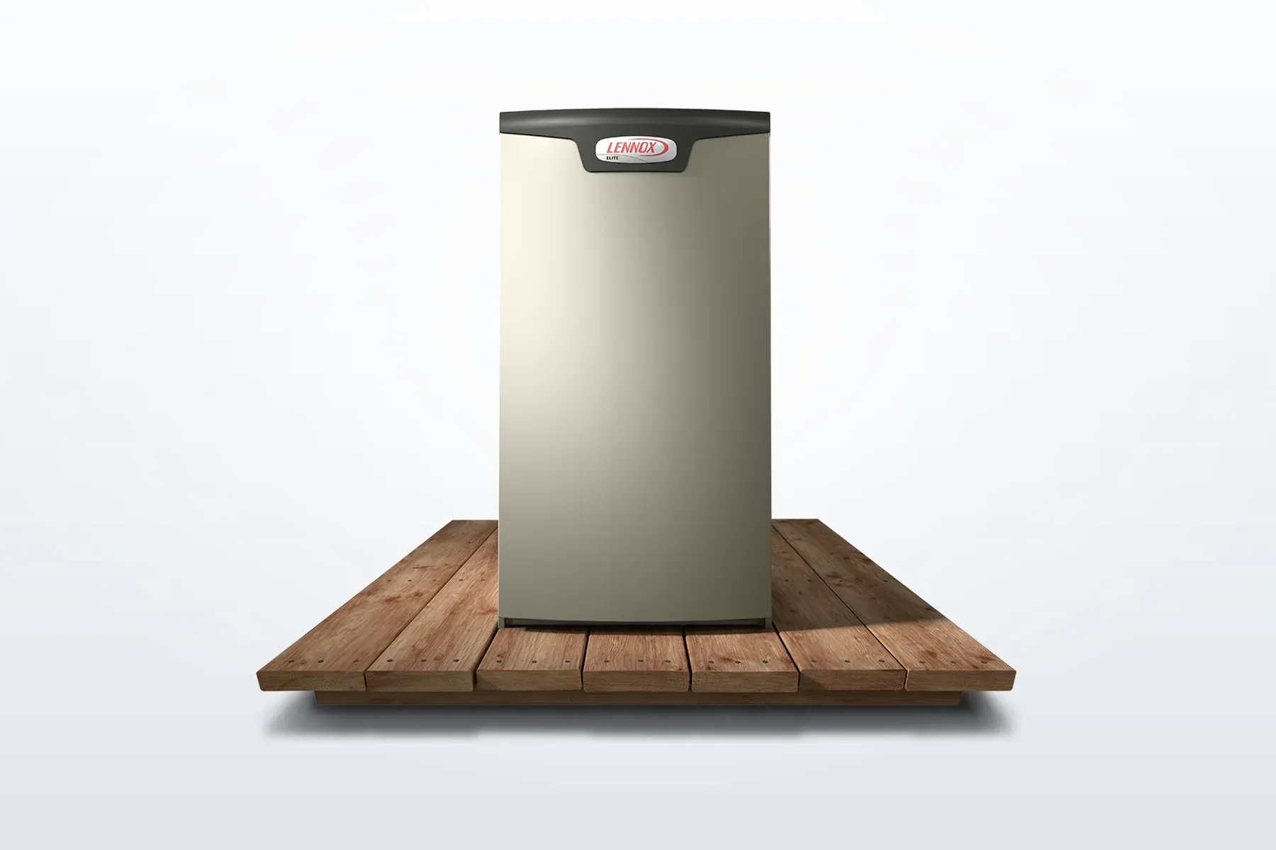Lennox Elite series furnace installed over a plank floor.