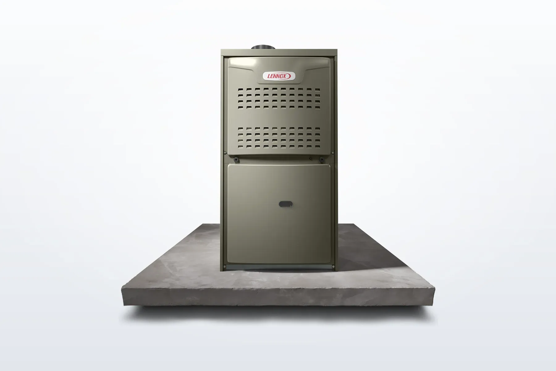 Lennox Merit series gas furnace on a concrete pad.