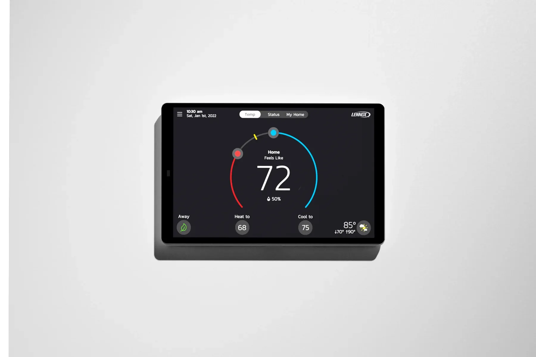 Lennox S40 smart thermostat mounted on a home wall showing 72 degrees.
