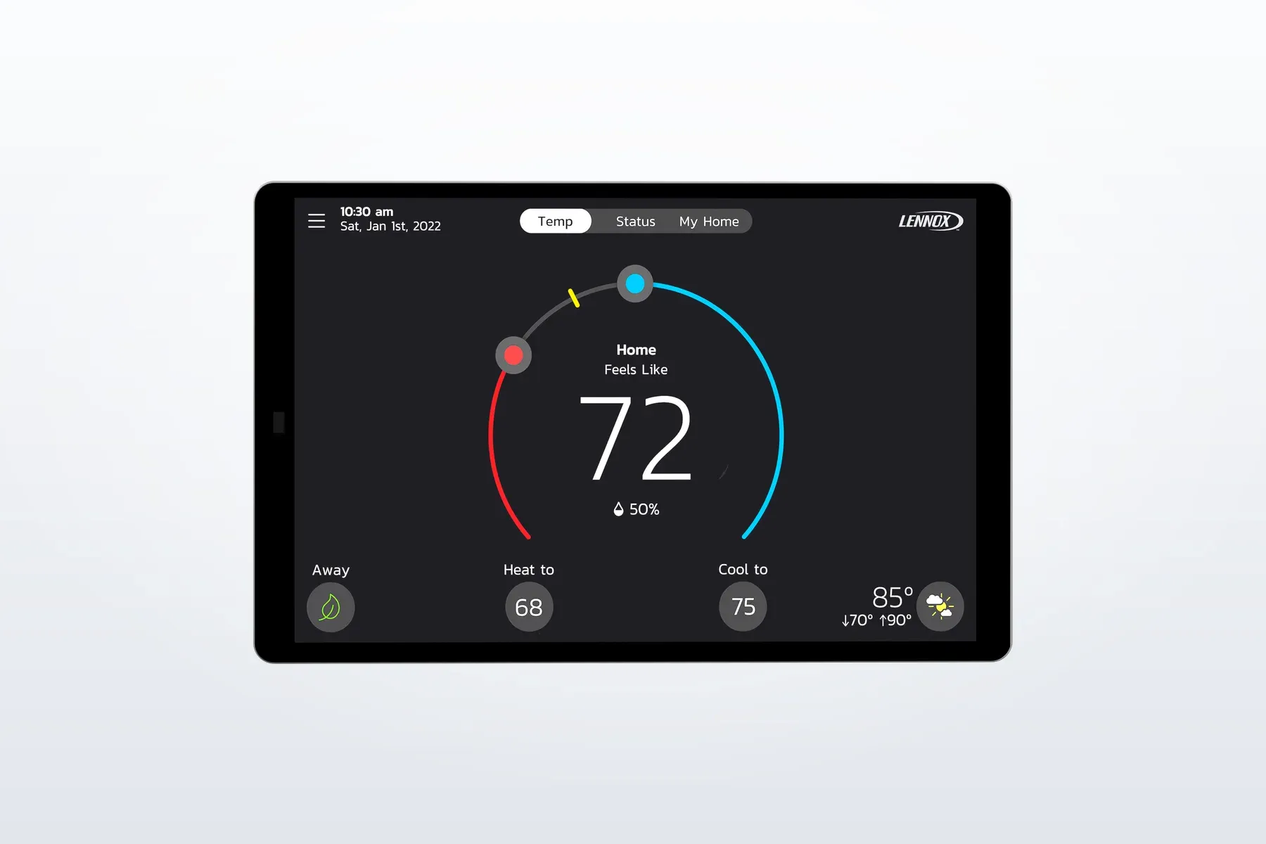 Lennox S40 smart thermostat touchscreen.